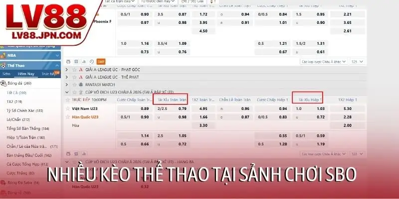 Nhiều kèo thể thao tại sảnh chơi SBO